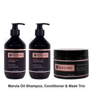 12 Reasons - Marula Oil Shampoo, Conditioner & Mask Trio Bundle – bundle contents: Marula Oil Shampoo 400ml, Marula Oil Conditioner 400ml, Marula Oil Mask 250ml