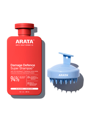 Arata - Damage Defence Super Shampoo 200ml & Scalp Massager Combo – front of pack