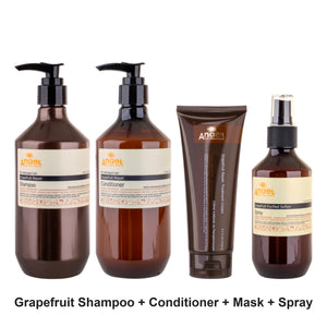 Angel En Provence - Grapefruit Repair Shampoo, Conditioner, Mask & Soften Spray Quad Bundle – bundle contents: Grapefruit Repair Shampoo 400ml, Grapefruit Repair Conditioner 400ml, Grapefruit Repair Treatment Cream 250g, Grapefruit Purified Soften Spray 200ml