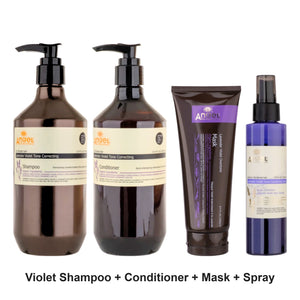 Angel En Provence - Lavender Violet Tone Correcting Shampoo, Conditioner, Mask & Tone Correcting Spray Quad Bundle – bundle contents: Lavender Violet Tone Correcting Shampoo 400ml, Lavender Violet Tone Correcting Conditioner 400ml, Lavender Purple Overtone Mask 250g, Lavender Violet Tone Correcting Spray 150ml
