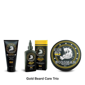 Bossman - Gold Beard Care Trio Bundle (Conditioner, Jelly & Balm) – bundle contents: Fortify Intense Beard Conditioner Gold 4oz, Beard Jelly Gold 4oz, Beard Balm Gold 2oz