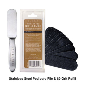 Cuccio - Stainless Steel Pedicure File & 80 Grit Refills Duo Bundle – bundle contents: Stainless Steel Pedicure File, Black Pedi File Refills 80 Grit 50 Pack