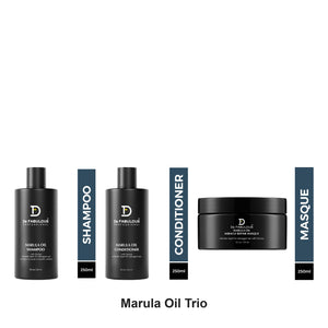 De Fabulous - Marula Oil Shampoo, Conditioner & Miracle Repair Masque Trio Bundle – bundle contents: Marula Oil Shampoo 250ml, Marula Oil Conditioner 250ml, Marula Oil Miracle Repair Masques 250ml