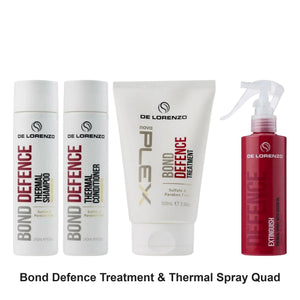 De Lorenzo - Bond Defence Shampoo, Conditioner, Treatment & Thermal Spray Quad Bundle – bundle contents: Bond Defence Thermal Shampoo 240ml, Bond Defence Thermal Conditioner 240ml, Bond Defence Treatment 3 100ml, Defence Extinguish Thermal Spray 200ml