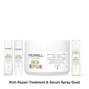 Goldwell - Rich Repair Shampoo, Conditioner, Treatment & Serum Spray Quad Bundle – bundle contents: Rich Repair Restoring Shampoo 300ml, Rich Repair Restoring Conditioner 300ml, Rich Repair 60sec Treatment 200ml, Rich Repair Restoring Serum Spray 150ml