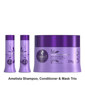 Haskell - Ametista Shampoo, Conditioner & Mask Trio Bundle – bundle contents: Ametista (Amethyst) Shampoo 300ml, Ametista (Amethyst) Conditioner 300ml, Ametista (Amethyst) Mask 300g