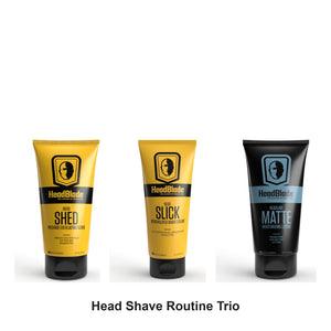 HeadBlade - Head Shave Routine Trio Bundle (HeadShed Scrub, HeadSlick & HeadLube Matte) – bundle contents: HeadShed Scalp Scrub 148ml, HeadSlick Mentholated Shave Cream 150ml, HeadLube Matte Moisturiser 150ml