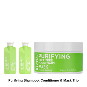 JustK - Purifying Shampoo, Conditioner & Mask Trio Bundle – bundle contents: Purifying Rosemary & Tea Tree Shampoo 300ml, Purifying Rosemary & Tea Tree Conditioner 300ml, Purifying Rosemary & Tea Tree Mask 250ml