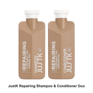 JustK - Repairing Shampoo & Conditioner Duo Bundle – bundle contents: Repairing Coconut Oil & Argan Oil Shampoo 300ml, Repairing Coconut Oil & Argan Oil Conditioner 300ml