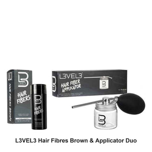 L3VEL3 - Hair Fibres Brown & Applicator Duo Bundle – bundle contents: Hair Fibres Brown 27.5g, Hair Fibre Applicator