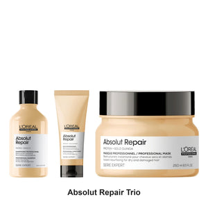 L'Oreal Professionnel - Absolut Repair Shampoo, Conditioner & Masque Trio Bundle – bundle contents: Absolut Repair Shampoo 300ml, Absolut Repair Conditioner 200ml, Absolut Repair Masque 250ml