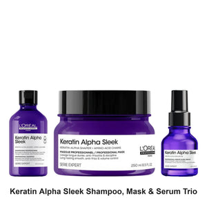 L'Oreal Professionnel - Keratin Alpha Sleek Shampoo, Mask & Serum Trio Bundle – bundle contents: Keratin Alpha Sleek Shampoo 300ml, Keratin Alpha Sleek Mask 250ml, Keratin Alpha Sleek Serum 50ml