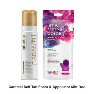 Mine Tan - Caramel Self Tan Foam & Applicator Mitt Duo Bundle – bundle contents: Caramel Self Tan Foam 200ml, Bronze On Applicator Mitt