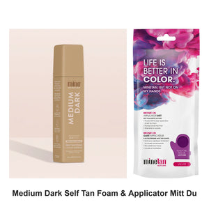 Mine Tan - Medium Dark Self Tan Foam & Applicator Mitt Duo Bundle – bundle contents: Medium Dark Self Tan Foam 200ml, Bronze On Applicator Mitt