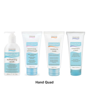 Natural Look - Hand & Nail Manicure Quad Bundle (Soak, Exfoliating Gel, Moisture Mask & Treatment Cream) – bundle contents: Hand & Nail Softening Soak 300ml, Hand & Body Exfoliating Gel 200ml, Hand & Nail Moisture Mask 200ml, Hand and Nail Treatment Cream 100ml