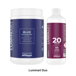 Natural Look - Luminart Blue Dust Free Powder Lightener & 20 Vol Oxidising Cream Duo Bundle – bundle contents: Luminart Blue Dust Free Powder Lightener 500g, Luminart Oxidising Cream 20 Vol 6%