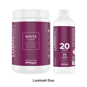 Natural Look - Luminart White Dust Free Powder Lightener & 20 Vol Oxidising Cream Duo Bundle – bundle contents: Luminart White Dust Free Powder Lightener 500g, Luminart Oxidising Cream 20 Vol 6%