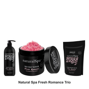 Natural Look - Natural Spa Fresh Romance Body Lotion, Sea Salt Scrub & Epsom Salts Trio Bundle – bundle contents: Natural Spa Fresh Romance Body Lotion 375ml, Natural Spa Fresh Romance Sea Salt Scrub 500g, Natural Spa Fresh Romance Epsom Salts 650g