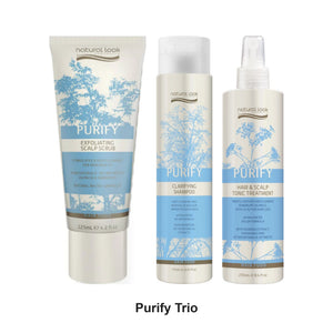 Natural Look - Purify Scalp Scrub, Clarifying Shampoo & Tonic Spray Trio Bundle – bundle contents: Purify Exfoliating Scalp Scrub 125ml, Purify Clarifying Shampoo 375ml, Purify Hair & Scalp Tonic Treatment Spray 250ml