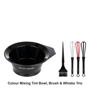 Salon Smart - Colour Mixing Tint Bowl, Brush & Whisks Trio Bundle – bundle contents: Tint Bowl Black, Jumbo Tint Brush Black, Hair Colour Whisks 3pk