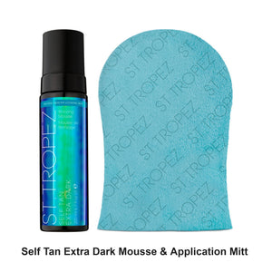 St Tropez - Self Tan Extra Dark Mousse & Application Mitt Duo Bundle – bundle contents: Self Tan Extra Dark Mousse 200ml, Double Velvet Application Mitt
