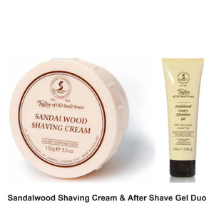 Taylor of Old Bond Street - Sandalwood Shaving Cream & After Shave Gel Duo Bundle – bundle contents: Sandalwood Shaving Cream Bowl 150g, Sandalwood After Shave Gel 75ml