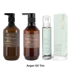 Theorie - Argan Oil Shampoo, Conditioner & Restoring Serum Trio Bundle – bundle contents: Argan Oil Shampoo 400ml, Argan Oil Conditioner 400ml, Argan Oil Restoring Serum 60ml