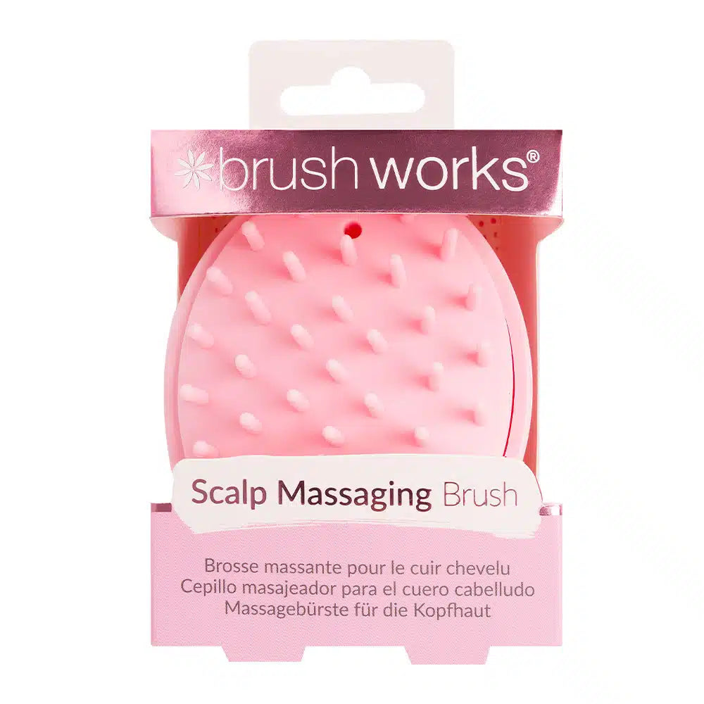 Brushworks Scalp Massaging Brush — pink silicone scalp brush in packaging