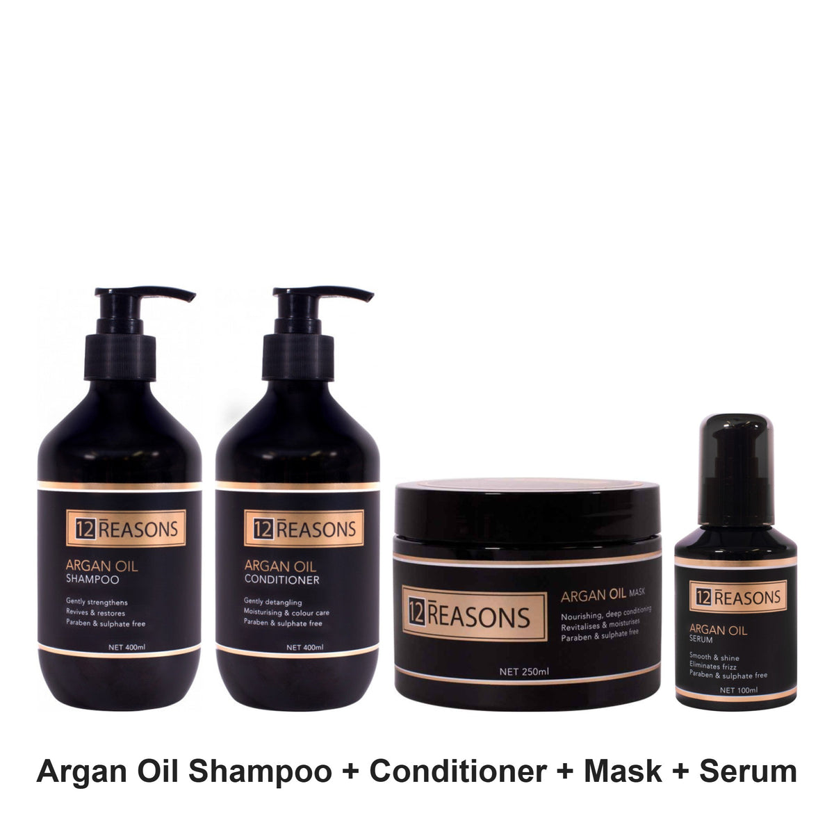 12 Reasons - Argan Oil Shampoo, Conditioner, Mask & Serum Quad Bundle – bundle contents: Argan Oil Shampoo 400ml, Argan Oil Conditioner 400ml, Argan Oil Hair Treatment Mask 250ml, Argan Oil Serum 100ml