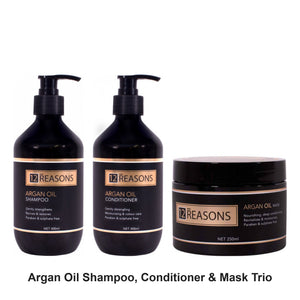 12 Reasons - Argan Oil Shampoo, Conditioner & Mask Trio Bundle – bundle contents: Argan Oil Shampoo 400ml, Argan Oil Conditioner 400ml, Argan Oil Hair Treatment Mask 250ml