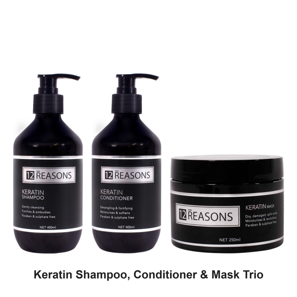 12 Reasons - Keratin Shampoo, Conditioner & Mask Trio Bundle – bundle contents: Keratin Shampoo 400ml, Keratin Conditioner 400ml, Keratin Mask 250ml
