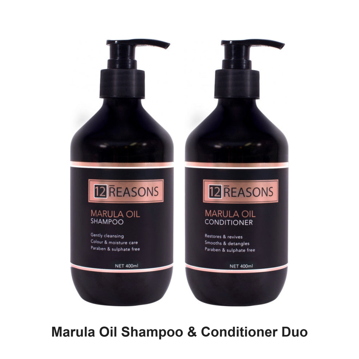 12 Reasons - Marula Oil Shampoo & Conditioner Duo Bundle – bundle contents: Marula Oil Shampoo 400ml, Marula Oil Conditioner 400ml