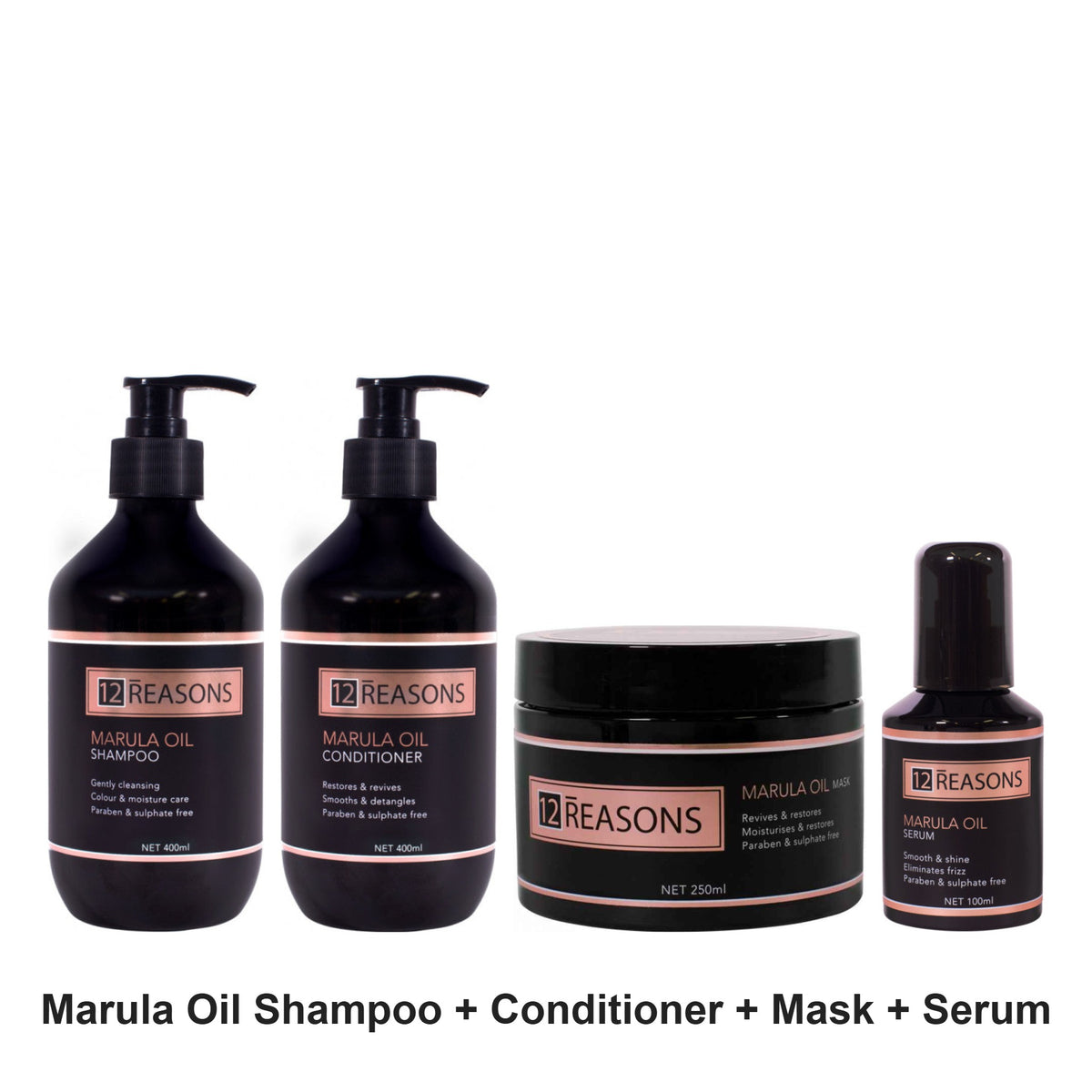 12 Reasons - Marula Oil Shampoo, Conditioner, Mask & Serum Quad Bundle – bundle contents: Marula Oil Shampoo 400ml, Marula Oil Conditioner 400ml, Marula Oil Mask 250ml, Marula Oil Serum 100ml
