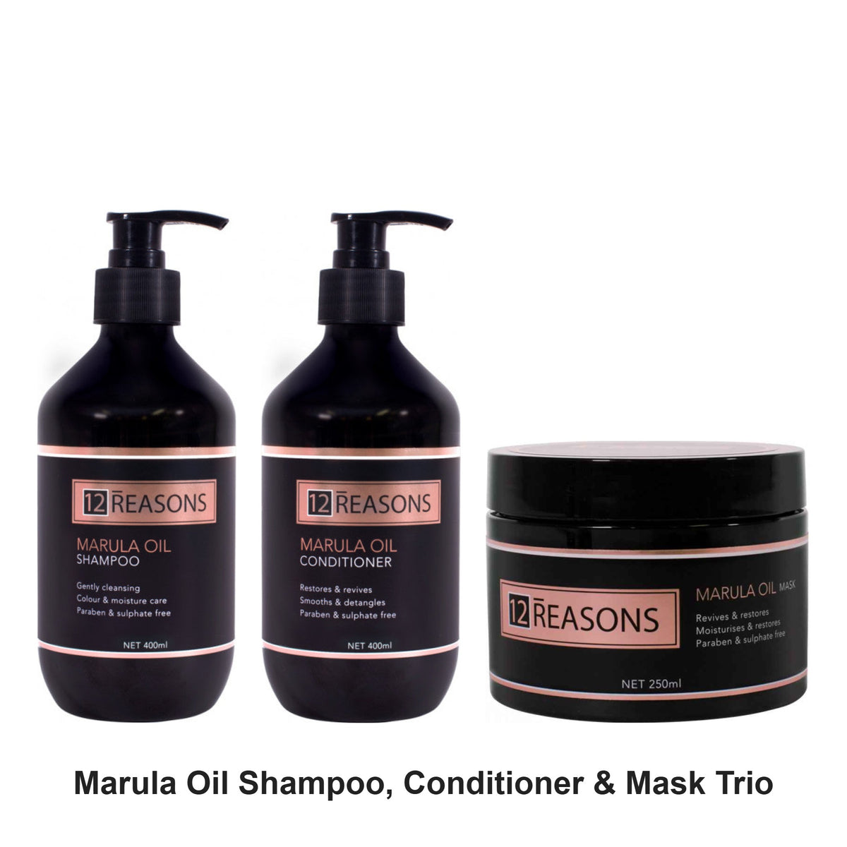 12 Reasons - Marula Oil Shampoo, Conditioner & Mask Trio Bundle – bundle contents: Marula Oil Shampoo 400ml, Marula Oil Conditioner 400ml, Marula Oil Mask 250ml