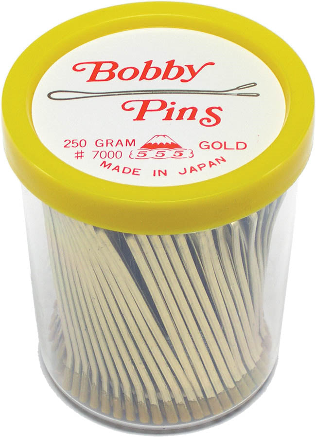 555 - Jumbo Flat Bobby Pins Gold 73mm 200g Drum – front of pack
