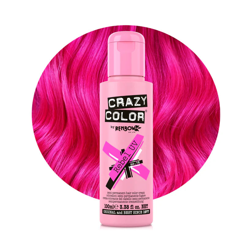Crazy Color - Go Neon Rebel UV Semi-Permanent Hair Color Cream (Pink) Fluoresce in UV Black Light 100ml