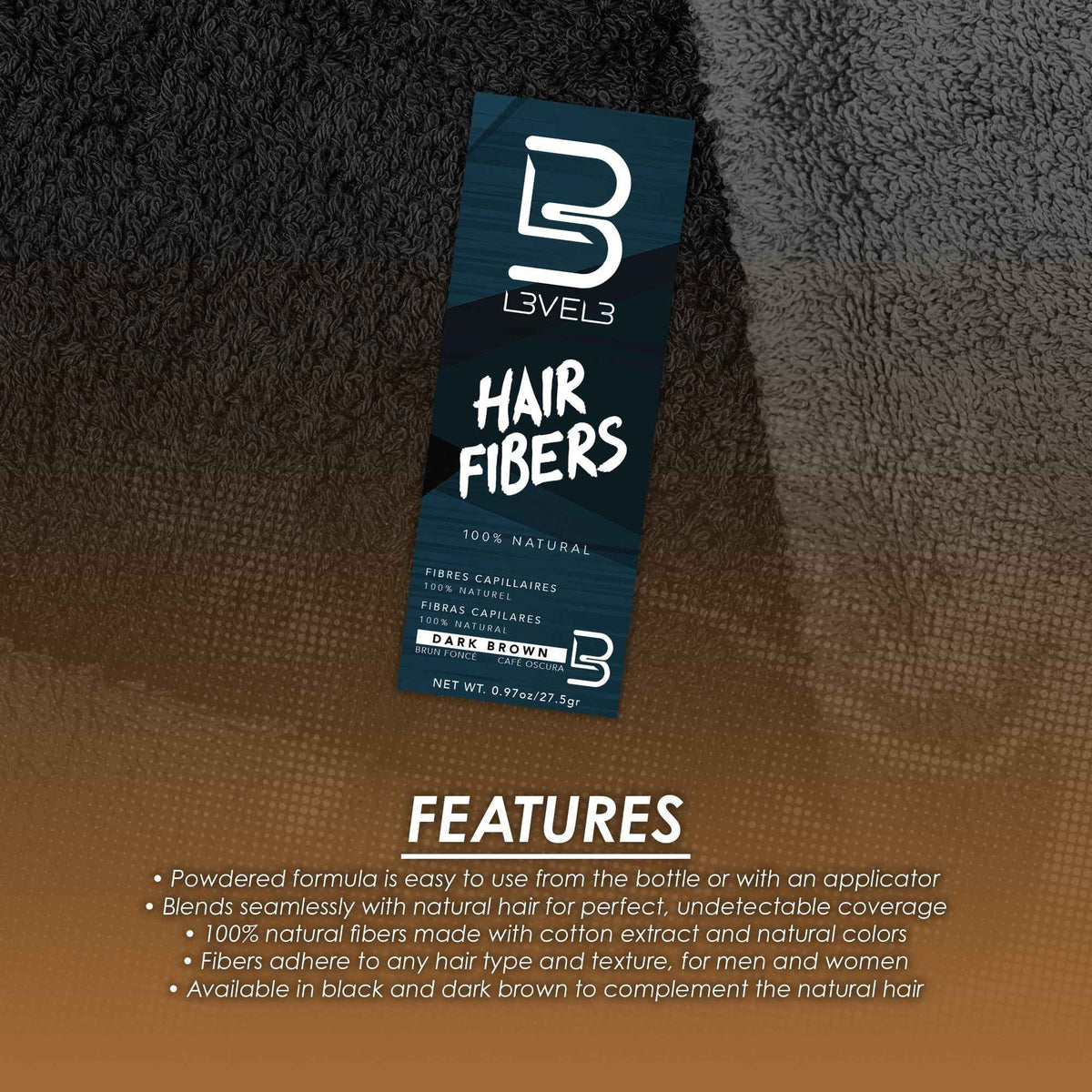 L3VEL3 - Hair Fibres Brown & Applicator Duo Bundle – L3VEL3 Hair Fibres Brown 27.5g (detail)