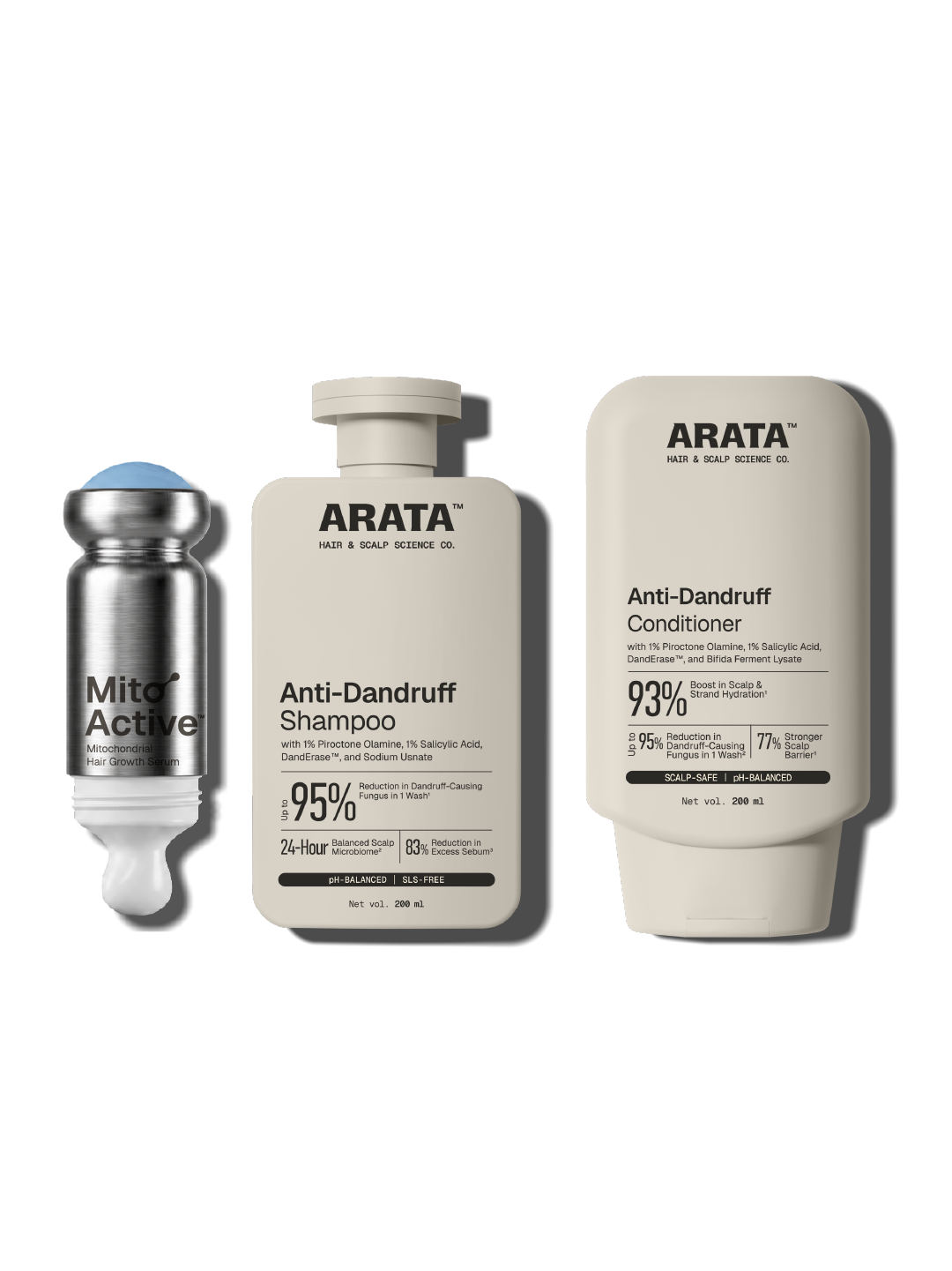 Arata - MitoActive Hair Growth Serum + Anti-Dandruff Shampoo & Conditioner Combo – front of pack