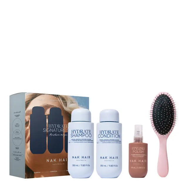 Nak Hair - Signature Hydrate Quad Pack - Hydrate Shampoo 350ml, Hydrate Conditioner 350ml, Styling Polish 100ml and Hair Brush