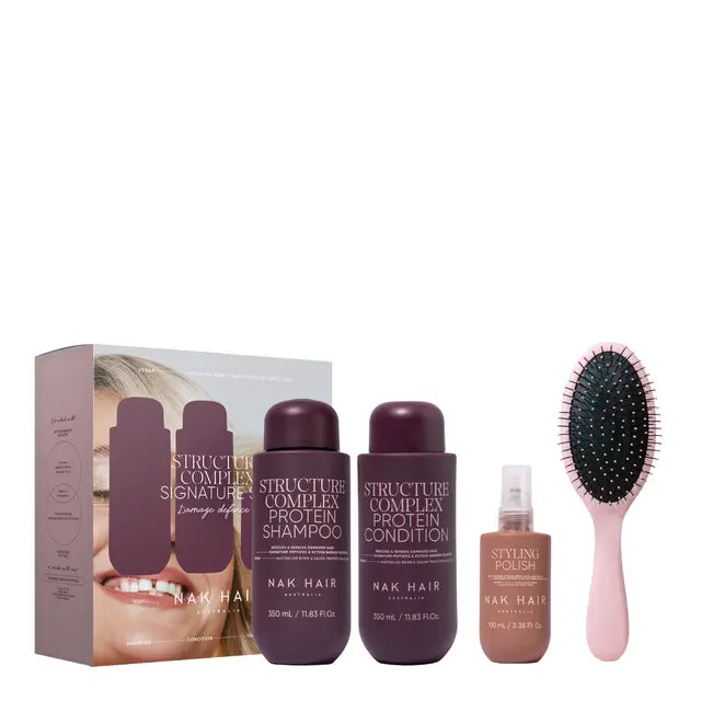 Nak Hair - Signature Structure Complex Quad Pack - Structure Complex Protein Shampoo 350ml, Structure Complex Protein Condition 350ml, Styling Polish 100ml and Hair Brush