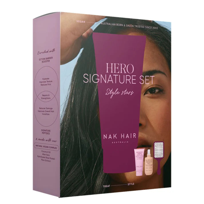 Nak Hair - Signature Hero Pack - Signature Replends Crème Leave in Moisturiser 150ml, Signature Blowout Smooth Mist 250ml and Nak Paddle Brush