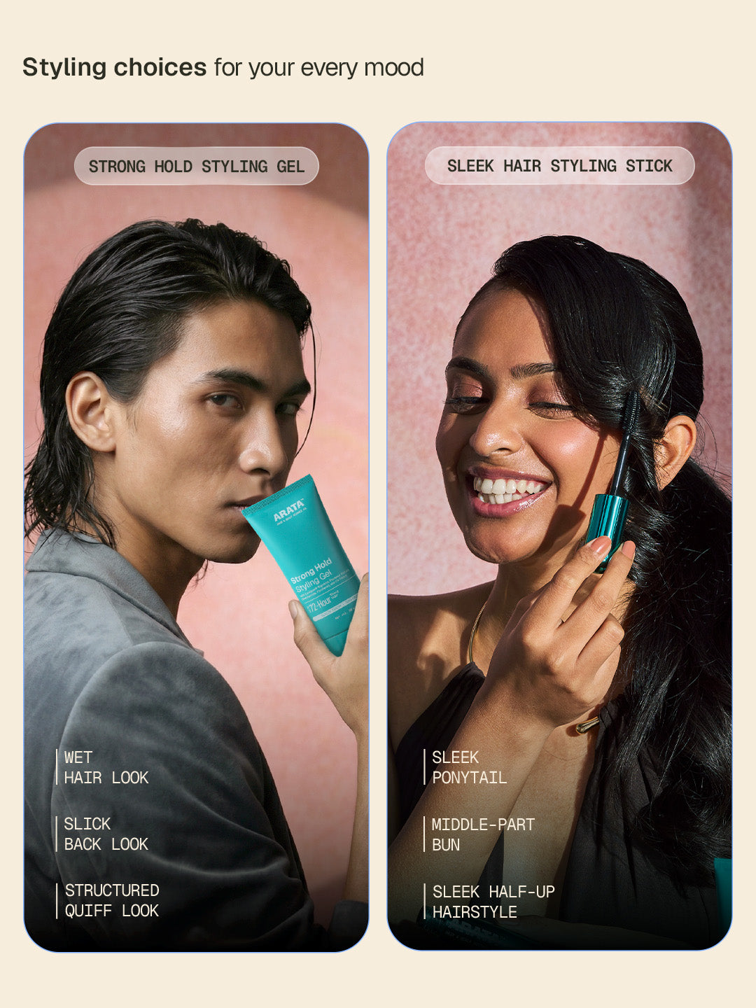 Arata - Sleek Hair Styling Stick 15ml & Strong Hold Styling Gel 50ml Combo – how it works