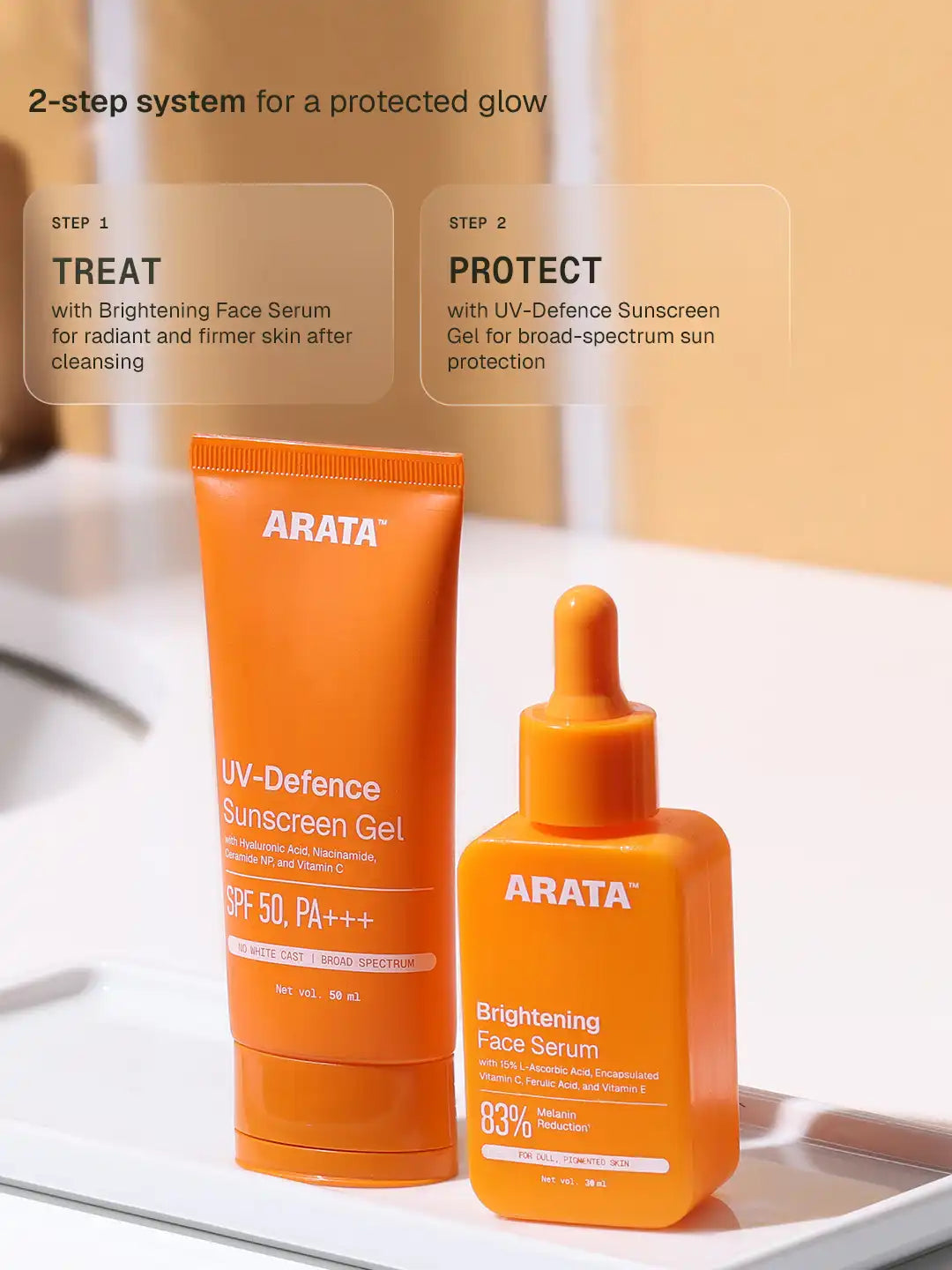 Arata - Brightening Vitamin C Face Serum & UV-Defence Sunscreen Gel Combo – key benefits
