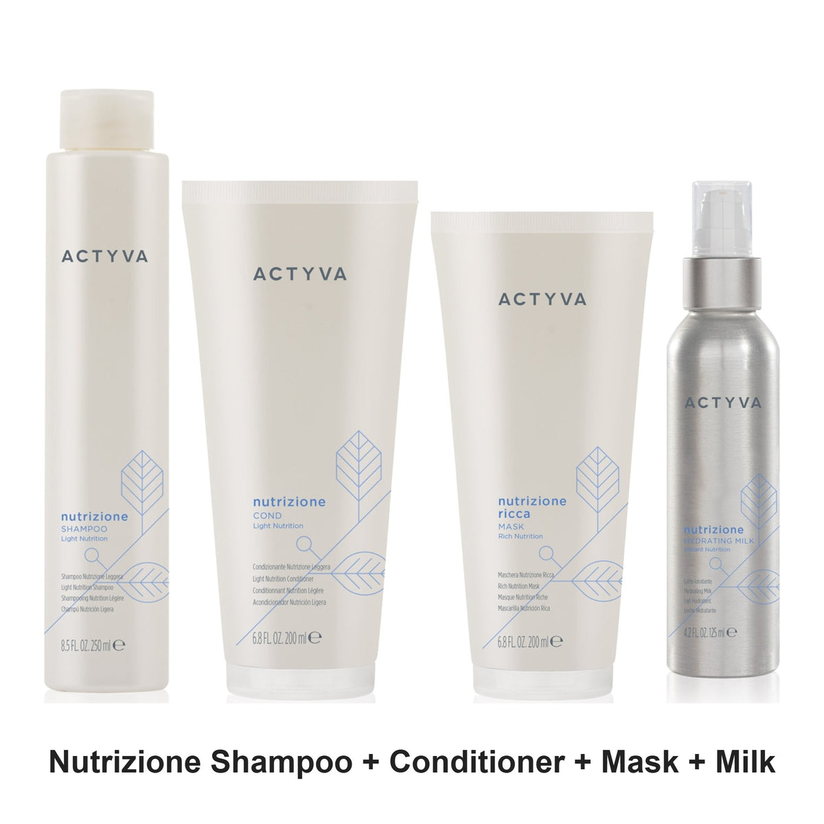 Actyva - Nutrizione Shampoo, Conditioner, Mask & Hydrating Milk Quad Bundle – bundle contents: Nutrizione Light Nutrition Shampoo for Dry Hair 235ml, Nutrizione Light Treatment Conditioner 200ml, Nutrizione Intense Nutrition Ricca Mask 200ml, Nutrizione Hydrating Milk 125ml