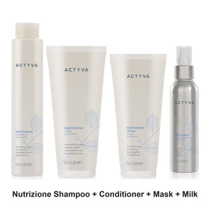 Actyva - Nutrizione Shampoo, Conditioner, Mask & Hydrating Milk Quad Bundle – bundle contents: Nutrizione Light Nutrition Shampoo for Dry Hair 235ml, Nutrizione Light Treatment Conditioner 200ml, Nutrizione Intense Nutrition Ricca Mask 200ml, Nutrizione Hydrating Milk 125ml