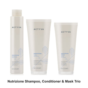 Actyva - Nutrizione Shampoo, Conditioner & Mask Trio Bundle – bundle contents: Nutrizione Light Nutrition Shampoo for Dry Hair 235ml, Nutrizione Light Treatment Conditioner 200ml, Nutrizione Intense Nutrition Ricca Mask 200ml