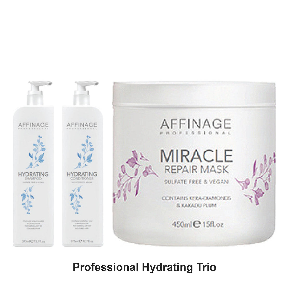 Affinage - Professional Hydrating Shampoo, Conditioner & Repair Mask Trio Bundle – bundle contents: Professional Hydrating Shampoo 375ml, Professional Hydrating Conditioner 375ml, Professional Miracle Hydration Treatment Repair Mask 450ml
