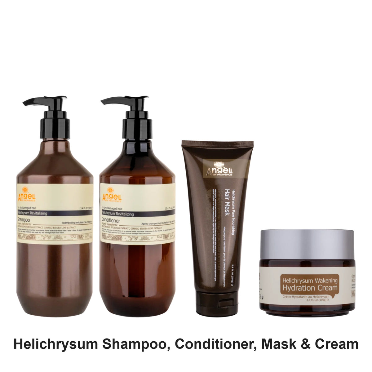 Angel En Provence - Helichrysum Revitalizing Shampoo, Conditioner, Mask & Hydration Cream Quad Bundle – bundle contents: Helichrysum Revitalizing Shampoo 400ml, Helichrysum Revitalizing Conditioner 400ml, Helichrysum Pure Nourishing Hair Mask 250g, Helichrysum Wakening Hydration Cream 100g