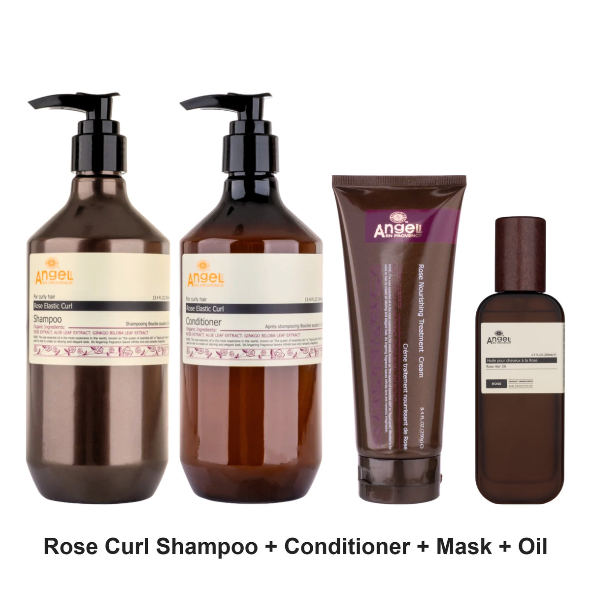 Angel En Provence - Rose Elastic Curl Shampoo, Conditioner, Mask & Hair Oil Quad Bundle – bundle contents: Rose Elastic Curl Shampoo 400ml, Rose Elastic Curl Conditioner 400ml, Rose Nourishing Treatment Cream 250g, Rose Hair Oil 100ml