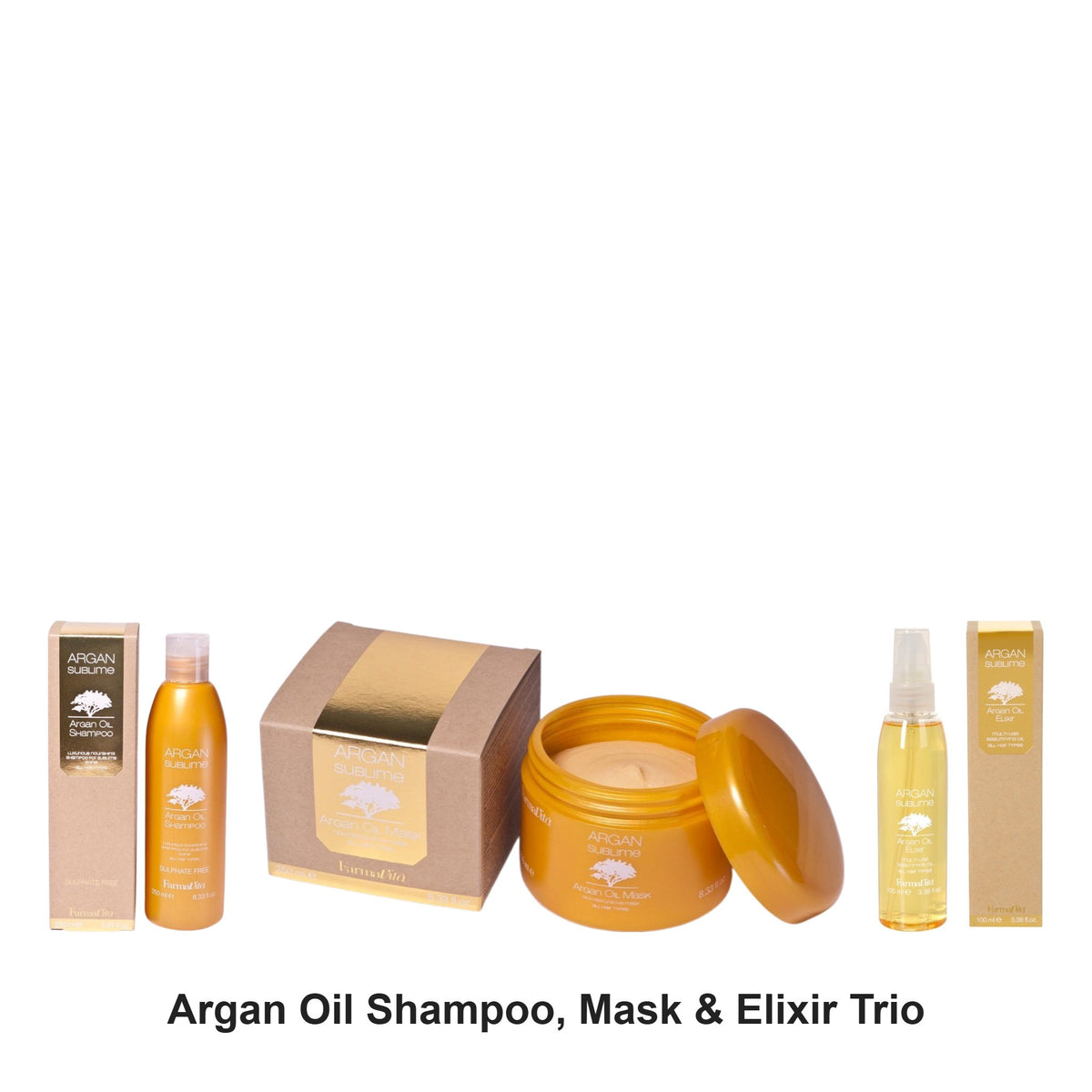 Argan Sublime - Argan Oil Shampoo, Mask & Elixir Trio Bundle – bundle contents: Argan Oil Shampoo 250ml, Argan Oil Mask 250ml, Argan Oil Elixir 100ml